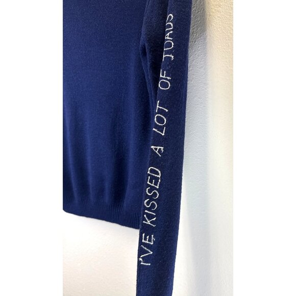 Vintage Cyn Les Shirlee Sweater Womens Size S Blue Retro 1970s Embroidered Frogs - Picture 10 of 12